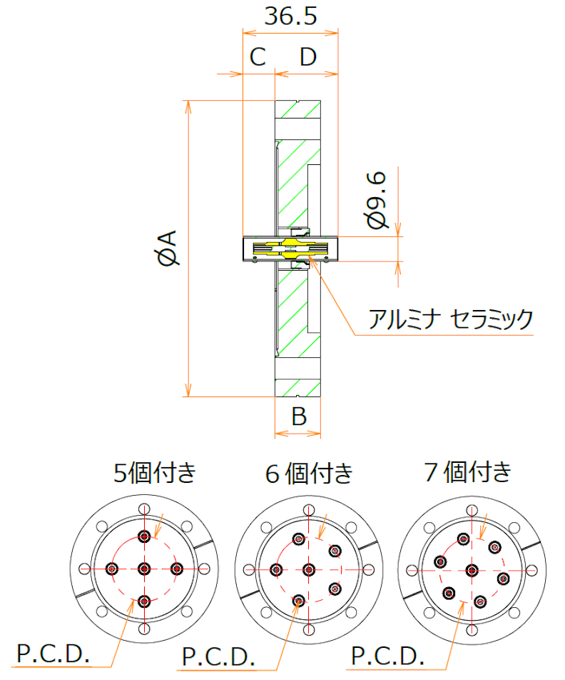 同軸 BNC-JJ-F 6個付き ICF114 フランジ 寸法画像