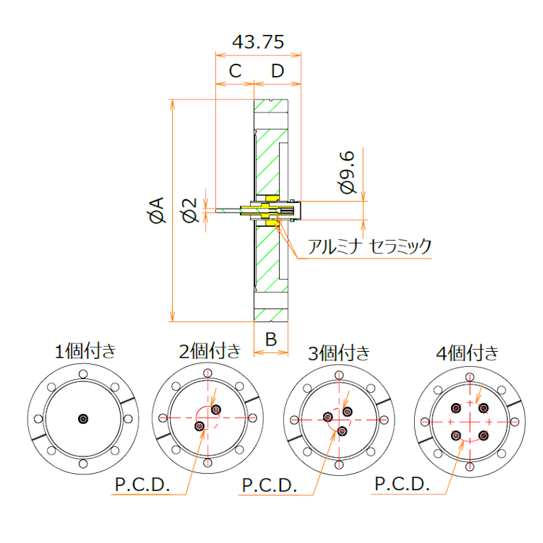 同軸 BNC-R-F-M2 1個付き ICF114 フランジ 寸法画像