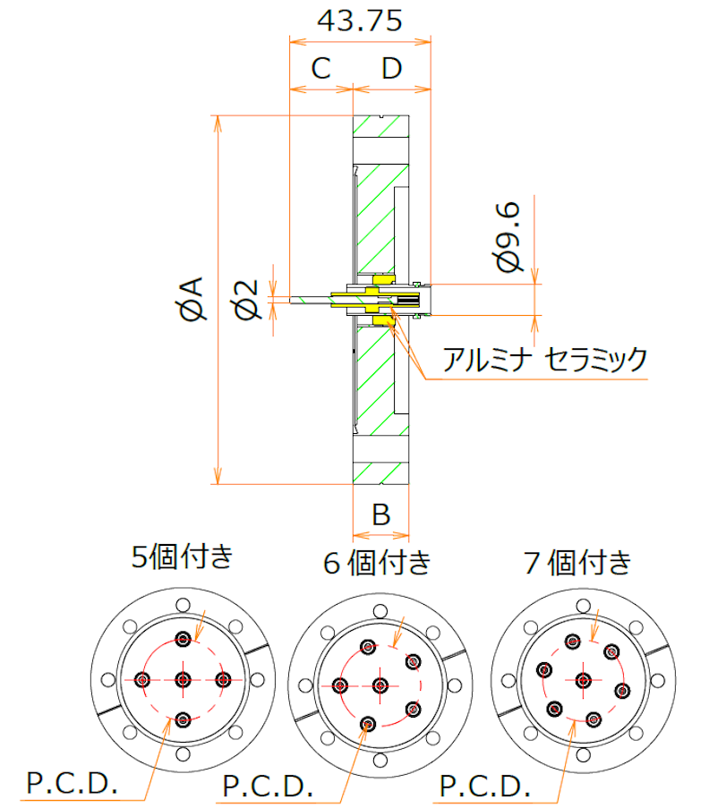 同軸 BNC-R-F-M2 6個付き ICF114 フランジ 寸法画像
