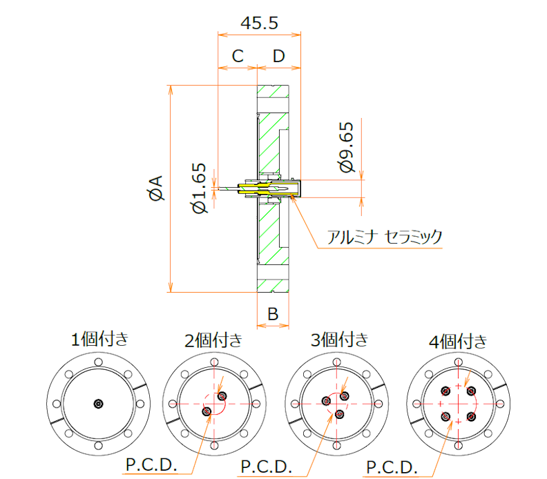 同軸 SHV-R-F 4個付き ICF114 フランジ 寸法画像