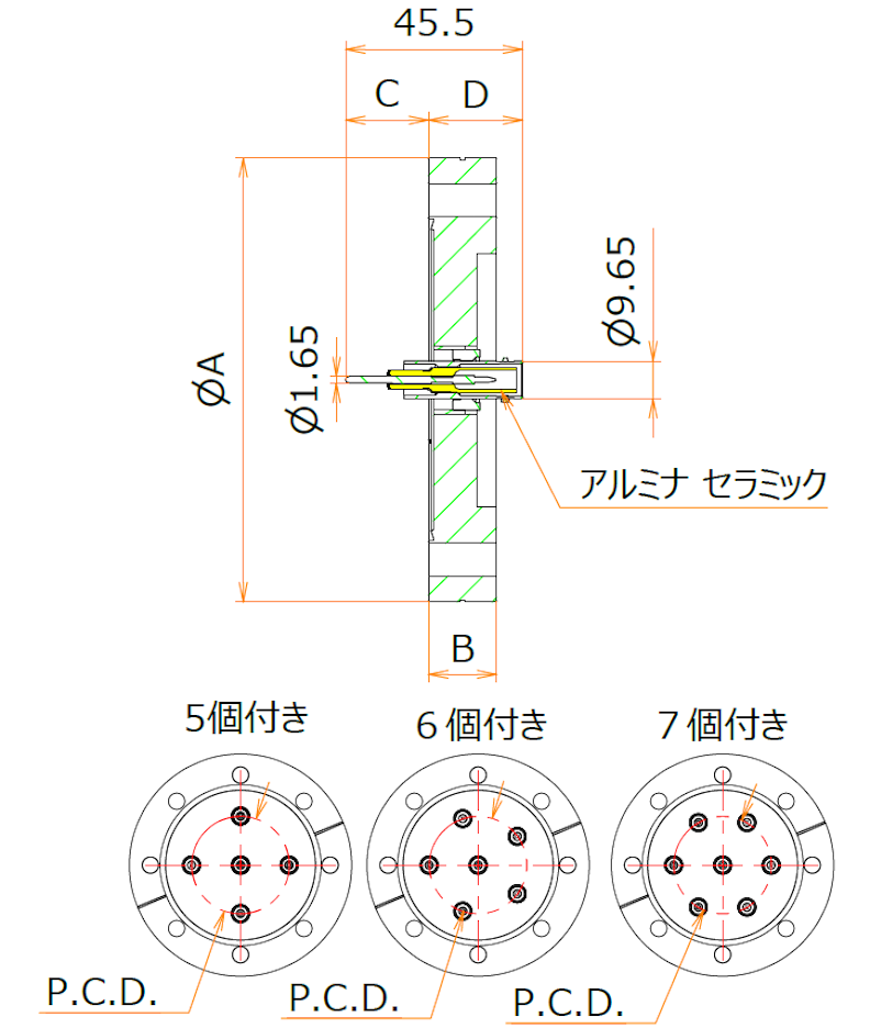 同軸 SHV-R-F 7個付き ICF114 フランジ 寸法画像