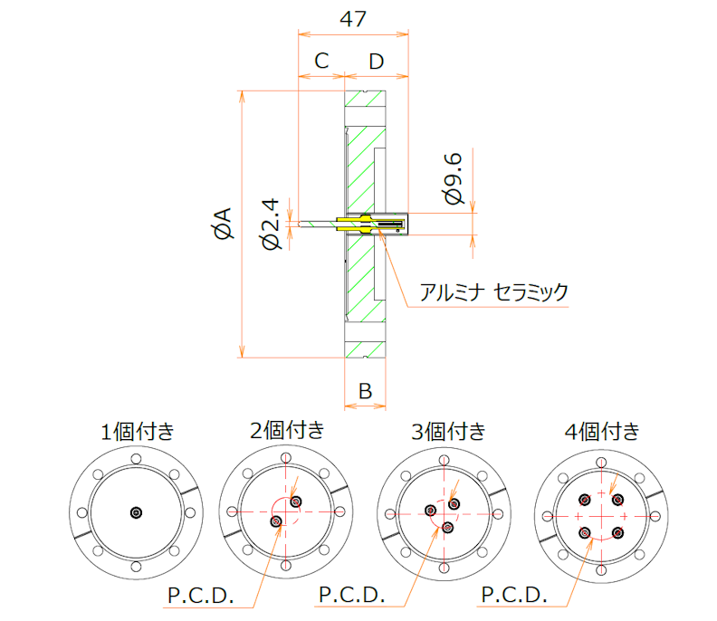 同軸 MHV-R 2個付き ICF114 フランジ 寸法画像
