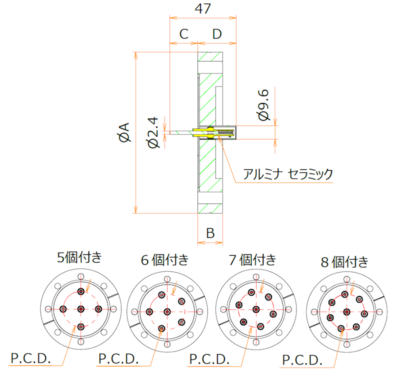 同軸 MHV-R 6個付き ICF114 フランジ 寸法画像
