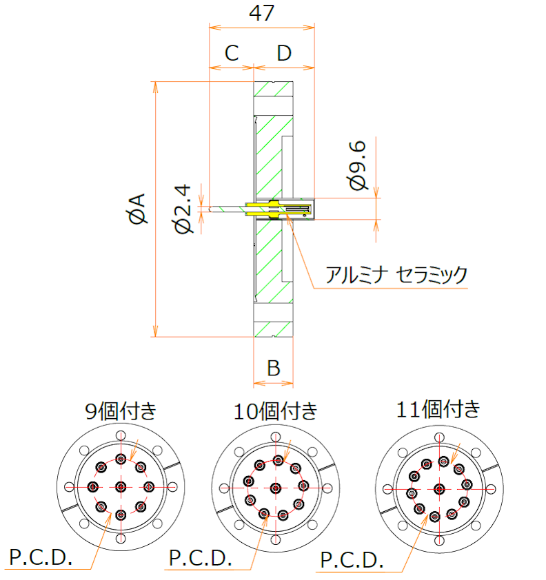 同軸 MHV-R 11個付き ICF114 フランジ 寸法画像