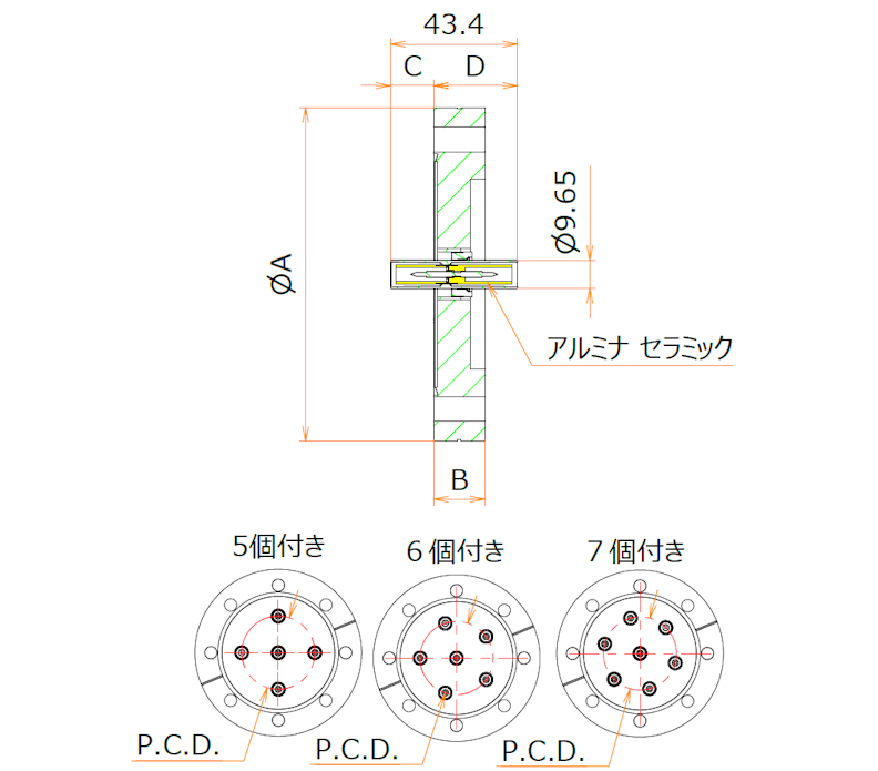 同軸 SHV-JJ-F 7個付き ICF114 フランジ 寸法画像