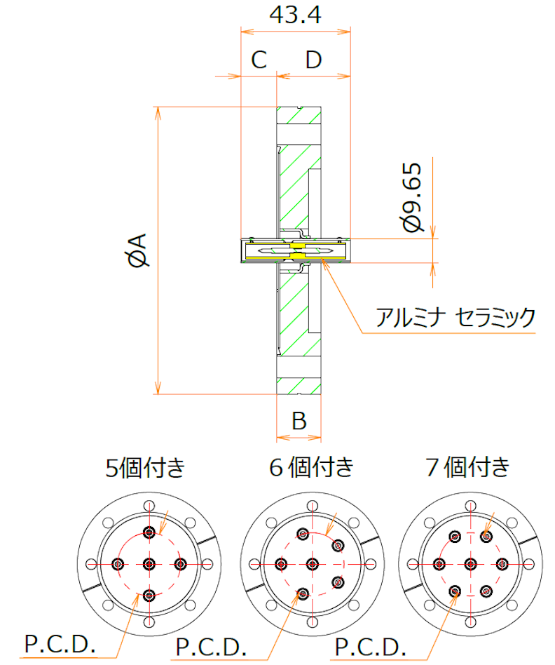 同軸 SHV-JJ 6個付き ICF114 フランジ 寸法画像