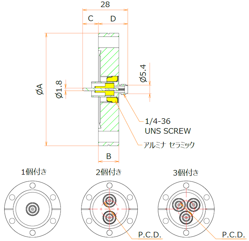 同軸 SMA-R-F 1個付き ICF70 フランジ 寸法画像