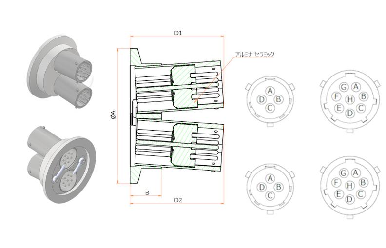 多ピン BURNDY 4 PIN + T熱電対2対 NW40 フランジ ガイド付きセット 寸法画像