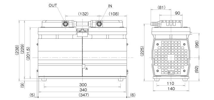 ダイアフラム型ドライ真空ポンプ 実行排気速度(60～72L/min) 寸法画像