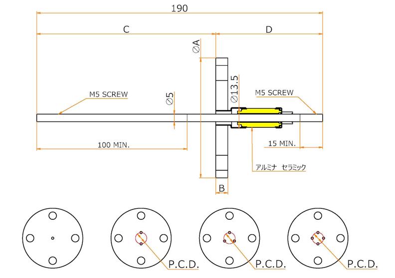 高電流 5kV - 110A Niめっき 3個付き VF25 フランジ  先端ねじ加工あり（全ねじタイプ） 寸法画像