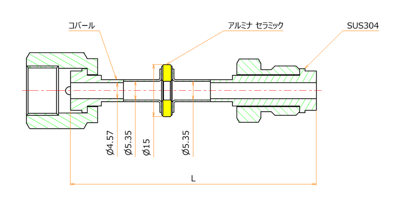 絶縁継手 1/4インチ めすVCR®/おす 1kV 寸法画像