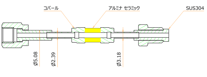 絶縁継手 1/8インチ VCR®めす/おす 5kV 寸法画像
