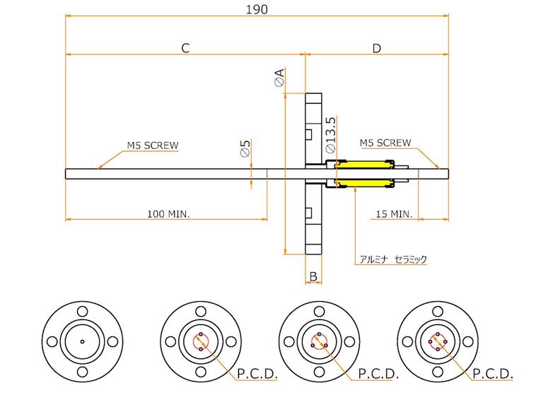 高電流 5kV - 110A Niめっき 4個付き VG40 フランジ  先端ねじ加工あり（全ねじタイプ） 寸法画像