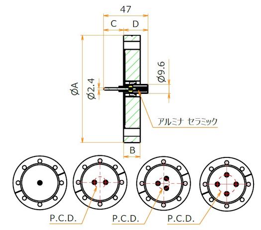 同軸 MHV-R-F 4個付き ICF114 フランジ 寸法画像