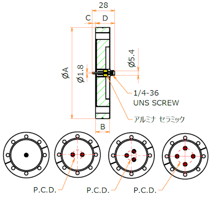 同軸 SMA-R 1個付き ICF114 フランジ 寸法画像