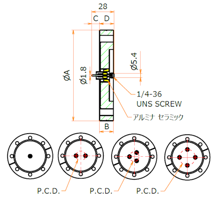 同軸 SMA-R-F 3個付き ICF114 フランジ 寸法画像