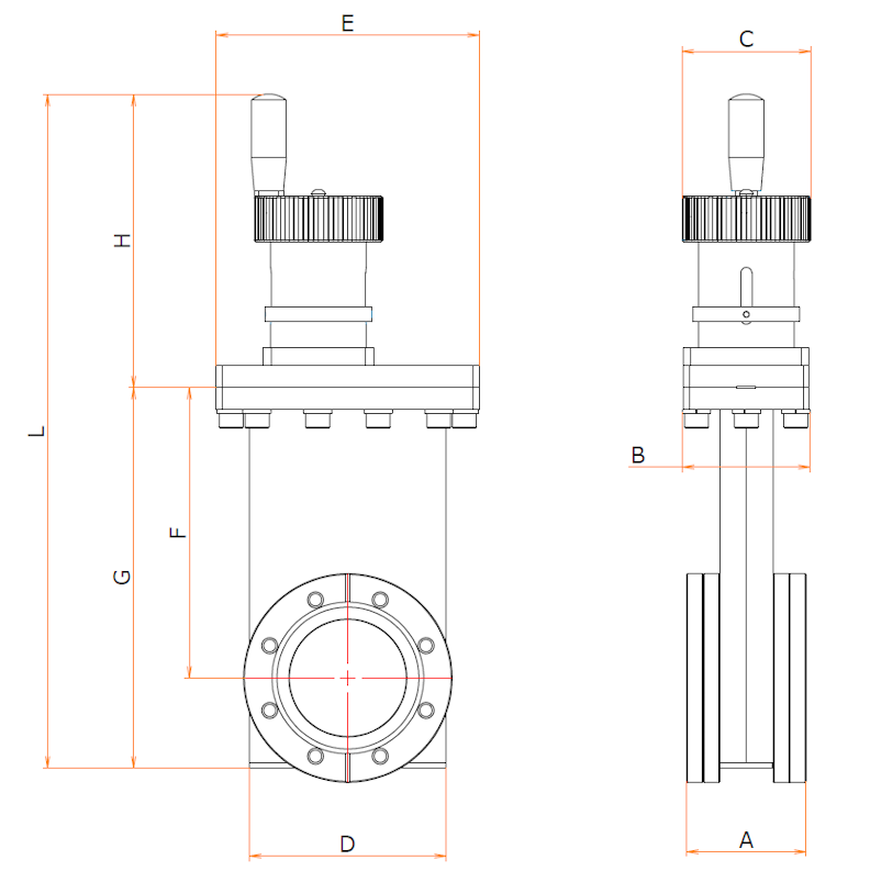 ICF203 手動ゲートバルブ 寸法画像