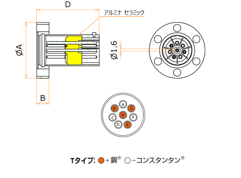 T熱電対 BURNDY 4対 ICF34 フランジ ガイドなし 寸法画像