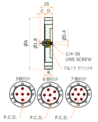 同軸 SMA-R-F 6個付き ICF114 フランジ 寸法画像