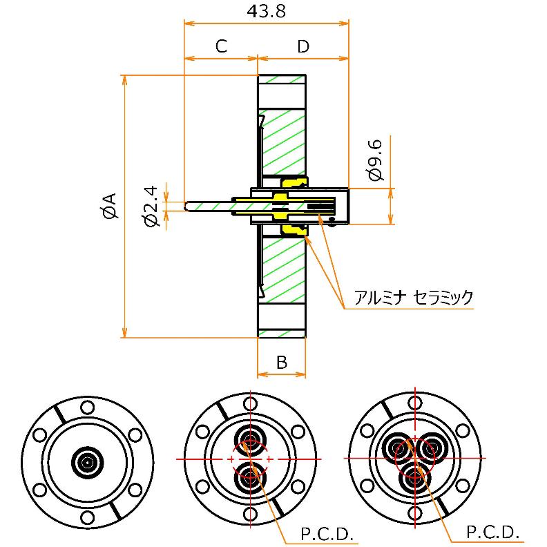同軸 BNC-R-F 3個付き ICF70 フランジ 寸法画像