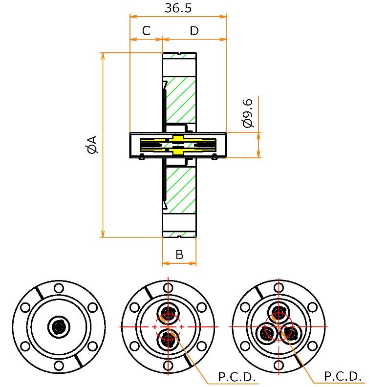 同軸 BNC-JJ 3個付き ICF70 フランジ 寸法画像