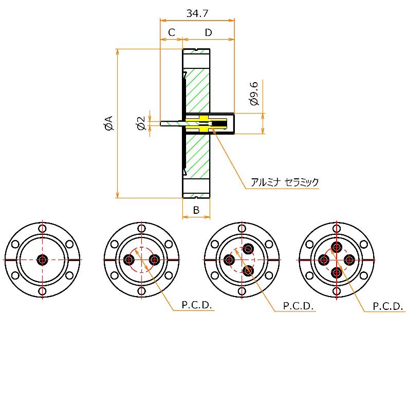 同軸 BNC-R-M2-SCREW 3個付き ICF70 フランジ 寸法画像