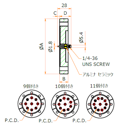 同軸 SMA-R 9個付き ICF114 フランジ 寸法画像