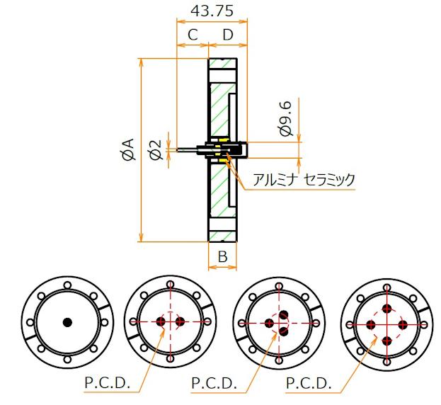 同軸 BNC-R-F-M2 1個付き ICF70 フランジ 寸法画像