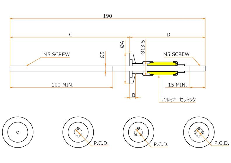 高電流 5kV - 110A Niめっき 3個付き NW/KF40 フランジ  先端ねじ加工あり（全ねじタイプ） 寸法画像
