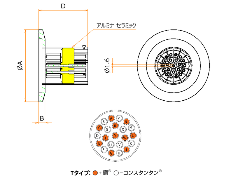 T熱電対 BURNDY 11対 NW/KF40 フランジ ガイドなし 寸法画像