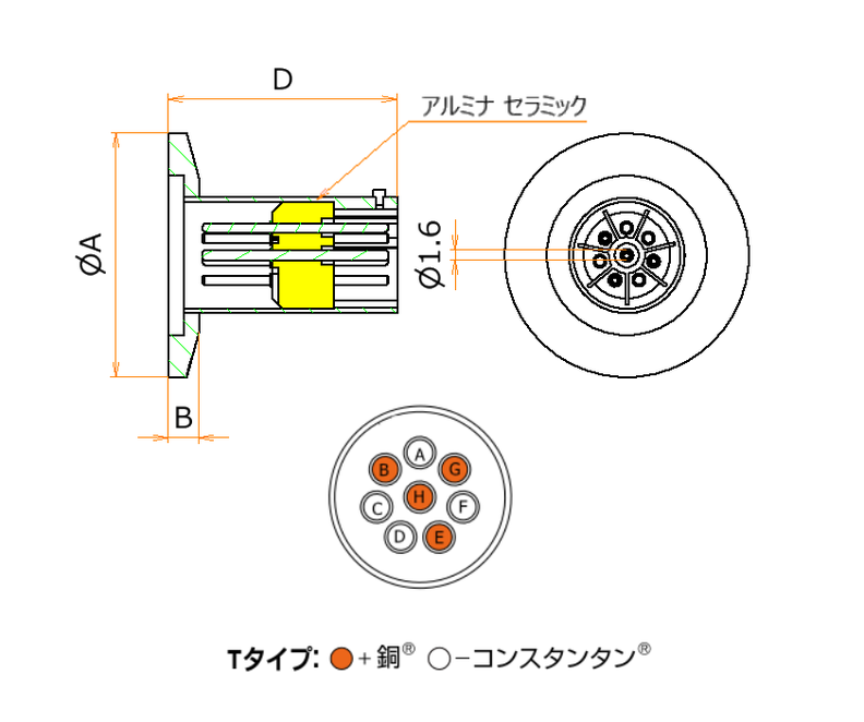 T熱電対 BURNDY 4対 NW/KF25 フランジ ガイドなし 寸法画像