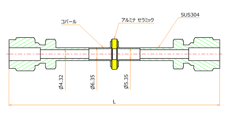 絶縁継手 1/4インチ Swagelok® 1kV 寸法画像