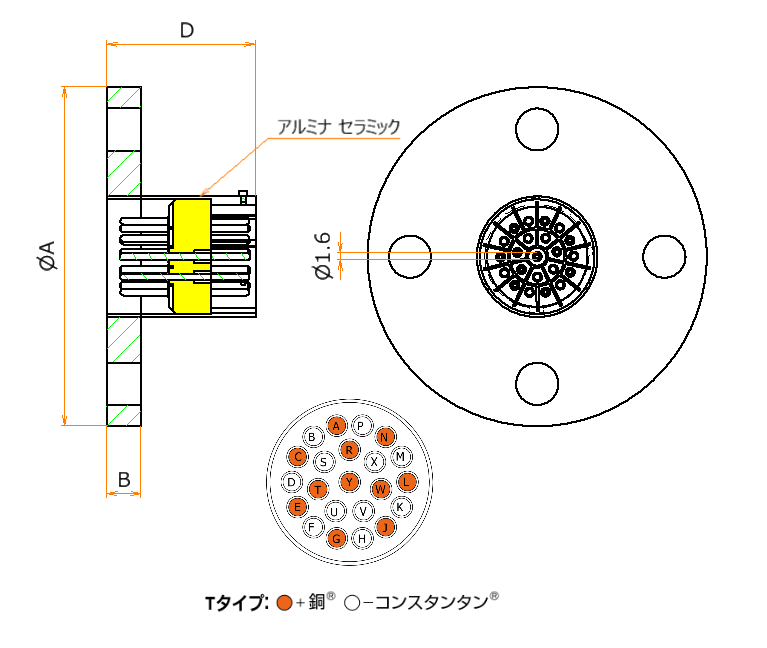 T熱電対 BURNDY 11対 VF20 フランジ ガイドなし 寸法画像