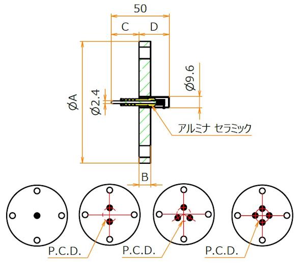 同軸 5kV-BNC-R 1個付き VF25 フランジ 寸法画像