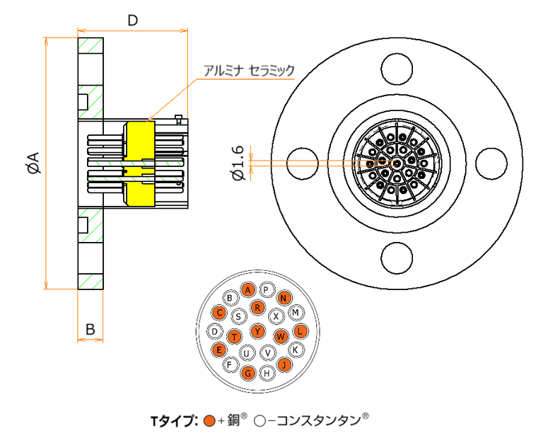 T熱電対 BURNDY 11対 VG40 フランジ ガイドなし 寸法画像