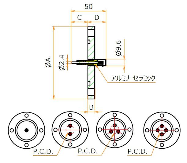 同軸 5kV-BNC-R 3個付き VG40 フランジ 寸法画像