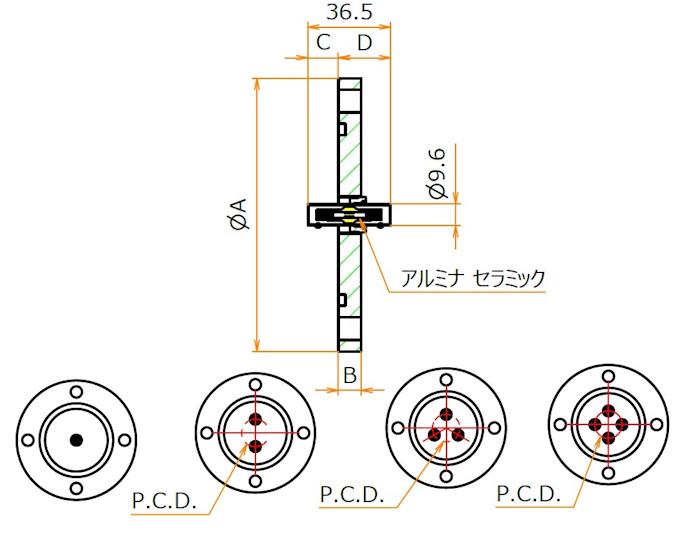 同軸 BNC-JJ-F 2個付き VG40フランジ 寸法画像