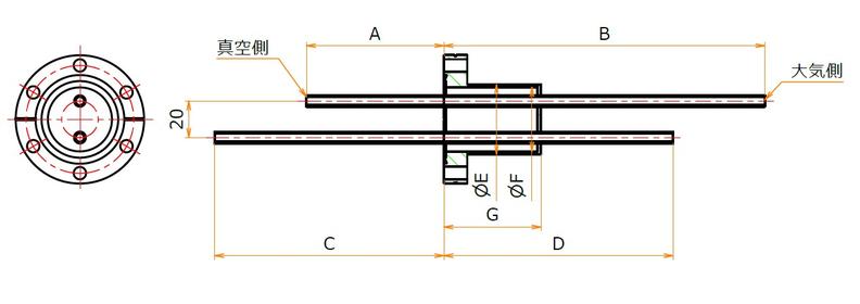 ICF70+3/8 液体窒素用導入機 大気側：チューブ/真空側：チューブX2 寸法画像