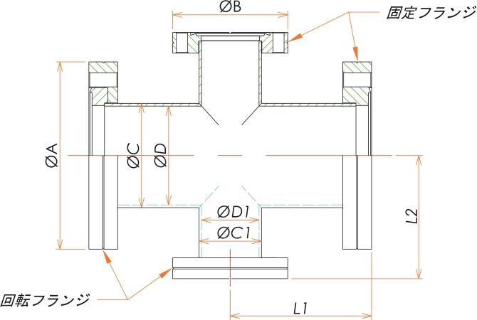 ICF114/70 変換クロス 2面回転 寸法画像