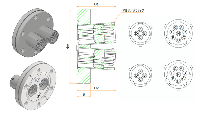 多ピン BURNDY 4 PIN + 8 PIN ICF70 フランジ ガイド付き 寸法画像