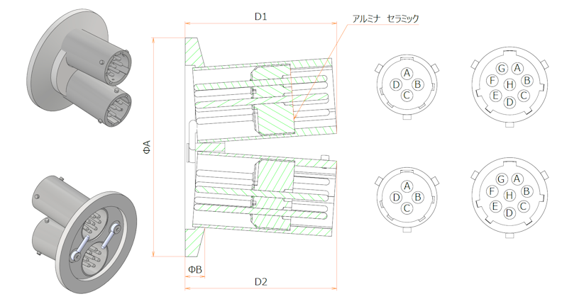 多ピン BURNDY 4 PIN + 8 PIN NW40 フランジ ガイド付きセット 寸法画像